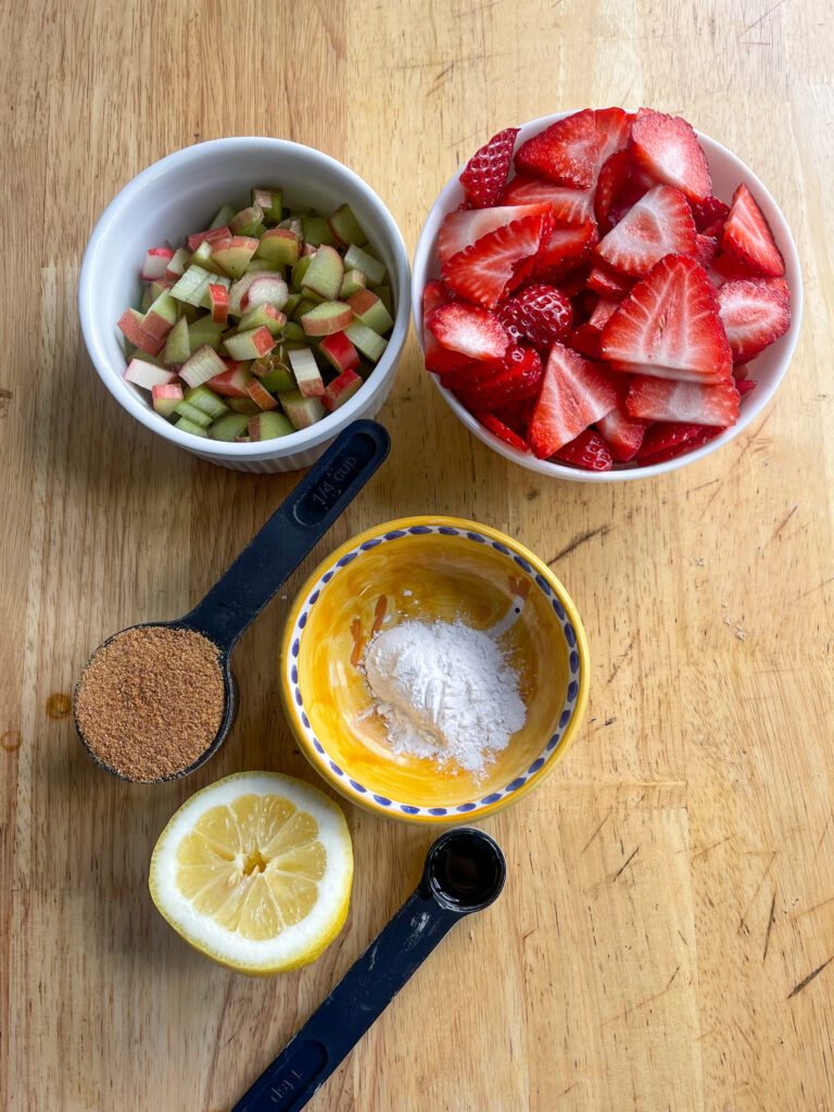 Ingredients for gluten free strawberry rhubarb crisp