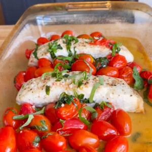 Baked halibut with tomatoes